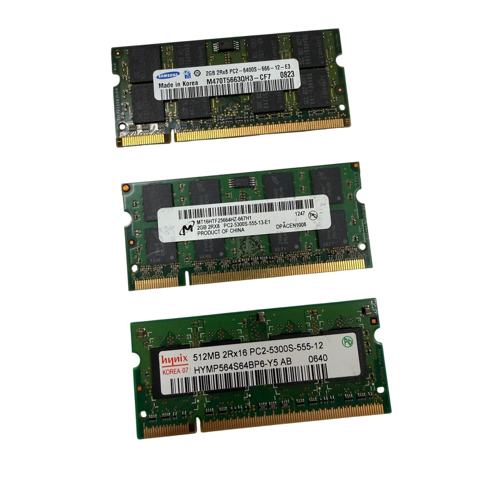 Lot of 3 Laptop RAM 2GB Samsung 2GB Micron 512MB Hynix PC2-6400S PC2-5300S DDR2